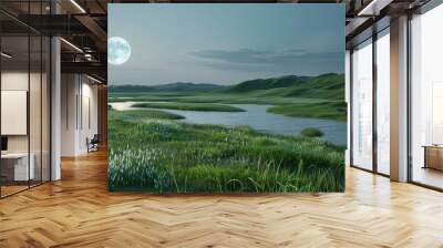 Landscape with moon and green hills of flood meadows. 3d render evening rainbow Wall mural