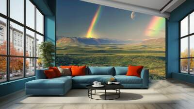 Landscape with moon and green hills of flood meadows. 3d render evening rainbow Wall mural