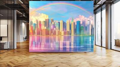 Lots of buildings, beautiful sky, sun, rainbow, sea. Wall mural