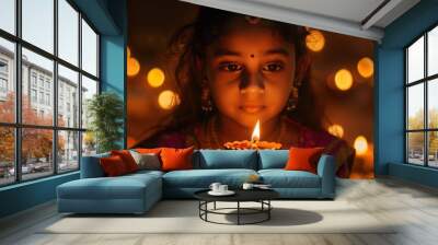 Young Indian girl holding Diwali oil lamp Wall mural