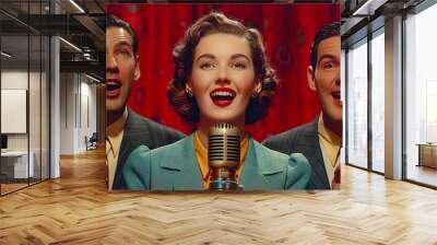 1940s jazz singer with two backup singers, all wearing suits and ties, singing into microphones on a red stage with a red curtain in the background. Wall mural