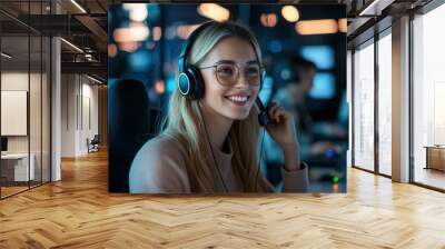 A cheerful woman wearing headphones smiles while working in a brightly lit office cubicle. The modern environment showcases her interaction with technology and team dynamics. Wall mural