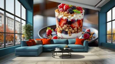 A parfait of fresh berries, granola, and yogurt is a delicious and healthy breakfast or snack Wall mural