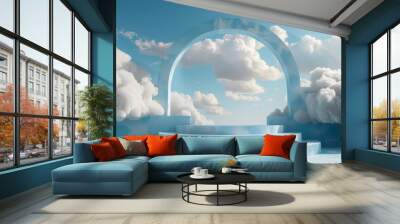 blue pastel rendering with podium and minimal cloud scene, minimal product display background 3d render sky clouds blue pastel. Wall mural