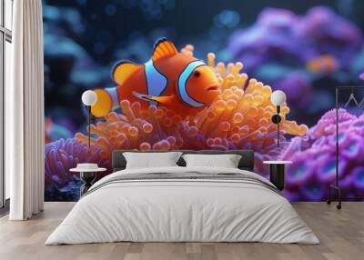 clown fish, Amphiprion Ocellaris Clownfish or anemone fish in deep colorful sea background.clown fish underwater look out of a blue anemone Wall mural