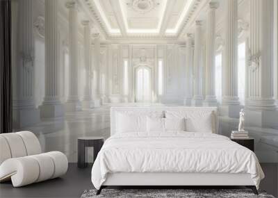 Corridor with roman pillars and bright light at the exit,white room, 3d rendered Wall mural