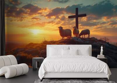 Flock of sheep on cross of Jesus christ and sunset background Wall mural