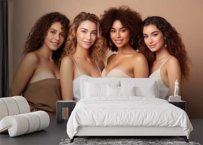 Skin, aesthetic and young friends together for self care, dermatology and support.Beauty, diversity and portrait of women happy with makeup for cosmetic skincare isolated in studio brown background.
 Wall mural