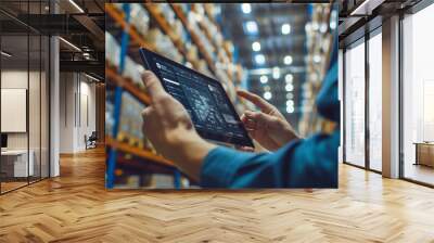 Smart Warehouse,Inventory management system concept.Manager using digital tablet,showing warehouse software management dashboard Wall mural