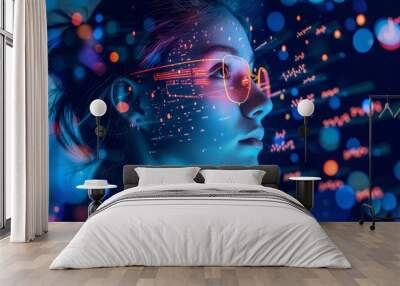 woman look up portrait in vr glasses hologram, glowing virtual headset with connection, earth sphere and lines. Wall mural