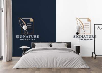 book and feather pen logo design with golden color Wall mural