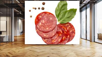 Chorizo sausage slices, Traditional spanish sausage, isolated on white background Wall mural