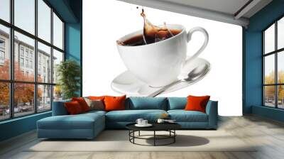 Cup of coffee, saucer and spoon in air on white background Wall mural