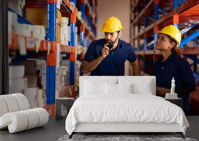 Group of male and female warehouse worker using clipboard checking products or parcel goods on shelf pallet in industry factory warehouse. Inspection quality control Wall mural