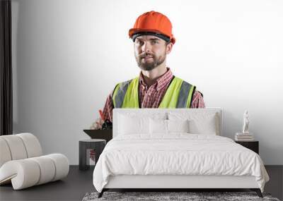 Male worker holding clipboard during working on transparent background. Male engineer working on transparent background Wall mural