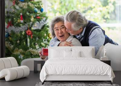 Senior woman receiving Christmas gift box or presents from her husband on Christmas day at home. Happy senior couple spending time together. Merry Christmas and Happy Holidays Wall mural