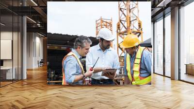 Team of male engineer construction using digital tablet for discussing of structure of building at construction site. Group of male construction builder working at construction site Wall mural