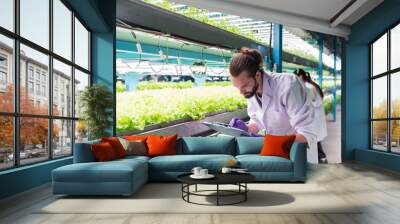 Two male and female scientist analyzes and studies research in organic, hydroponic vegetables plots growing on indoor vertical farm Wall mural