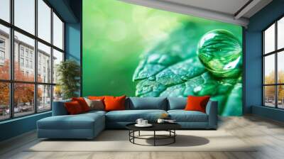 A close-up of a water droplet on a leaf, capturing the spherical shape and transparent nature of water. Wall mural