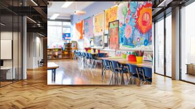 Colorful Classroom with Student Artwork and Empty Desks. Wall mural