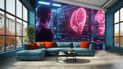 Humanoid Artificial Intelligence Analyzing Brain Data on Digital Screen Wall mural