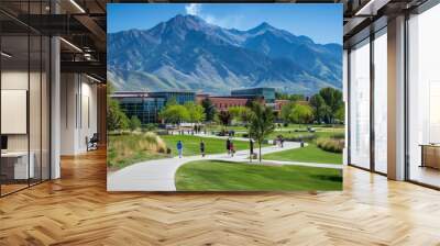 Scenic University Campus Pathway with Mountain View. Wall mural