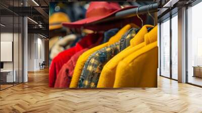 Yellow and Red Coats Hanging in a Shop. Wall mural