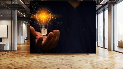 Close up hand of man holding illuminated light bulb in black background. idea, innovation, thinking, and inspiration for business concepts. Cyber digital data idea. Wall mural