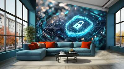 A futuristic illustration showing a shield with a lock icon, symbolizing robust cybersecurity and data protection Wall mural