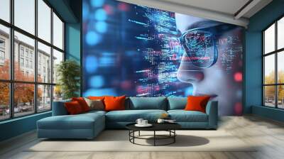 Close-up of a woman wearing glasses, looking at computer code with data visualization overlays. Wall mural