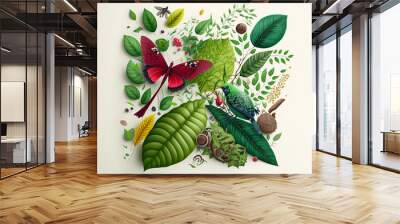 a bird sitting on top of a green leaf, biodiversity and nature  Wall mural