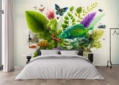 a group of different types of plants and fish representing biodiversity  Wall mural