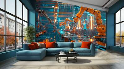 A factory with robots working on a conveyor belt, the robots are orange and are working together to create something, scene is one of productivity and efficiency Wall mural