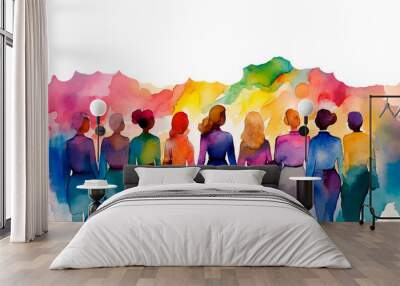 Gender equality and the female empowerment movement, multicultural and multiethnic, watercolor painting on white background Wall mural