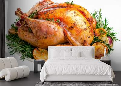 The turkey is garnished with sprigs of fresh rosemary, slices of vibrant oranges, evoking the warm and festive spirit of Thanksgiving Wall mural