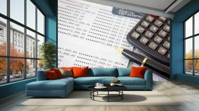 Book bank, credit cards, the calculator, a ball pen. Business finance concept Wall mural