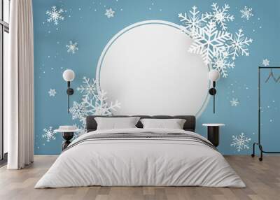 Christmas and happy new year blue vector background with snowflake, celebration concept, paper art design Wall mural