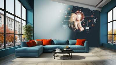 person touching screen to fingerprint scanner, security access information, big data management conc Wall mural