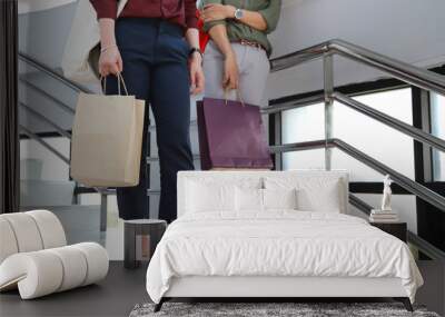 closeup of two asian women carrying reusable cloth bags and paper bags standing on staircase. smart  Wall mural