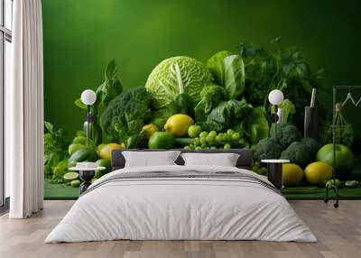 a healthy curated table of fresh green vegetables and fruit, isolated by a green background,  Wall mural