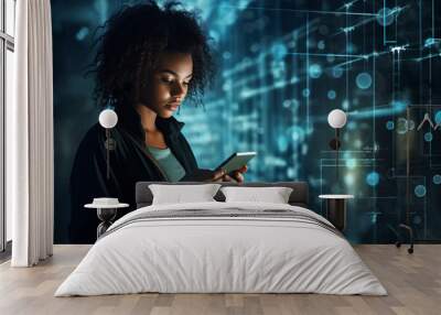 a young woman is immersed by her cellphone or tablet in a technological space  Wall mural