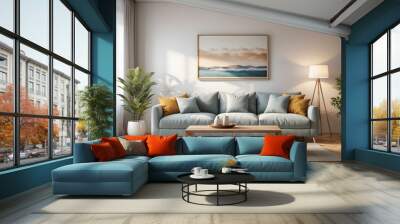 Interior of living room with comfortable sofa, coffee table and frame
 Wall mural