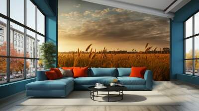 Thin field grass sticks out among a whole field of wheat. Sky and field illuminated by the rays of the rising sun, agriculture India sector Wall mural