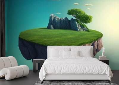 3d floating rock island with sky and clouds isolated on surrel cyan blue dusk background. generative ai Wall mural