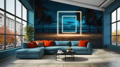 Door to the sea. Illuminated square frame on beach sand and palm avenue. generative ai Wall mural