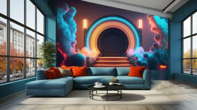 Fictional neon stage with smoke background. generative ai Wall mural