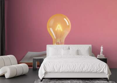 Light bulb with book. Lightbulb floating from open book on solid color background. generatve ai Wall mural