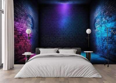 Neon Retro Brick Wall Dark Foggy Empty Hallway created with generative AI Wall mural