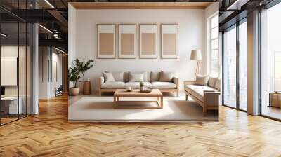 A minimalist living room with a wooden frame on the wall, a white sofa, and a wooden side table Wall mural