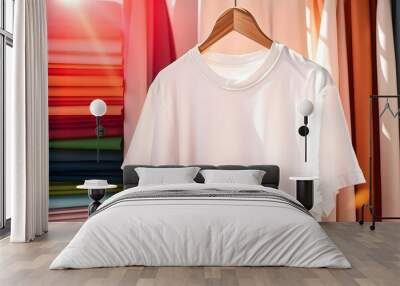 White t-shirt on hangers. t-shirt mockup Wall mural